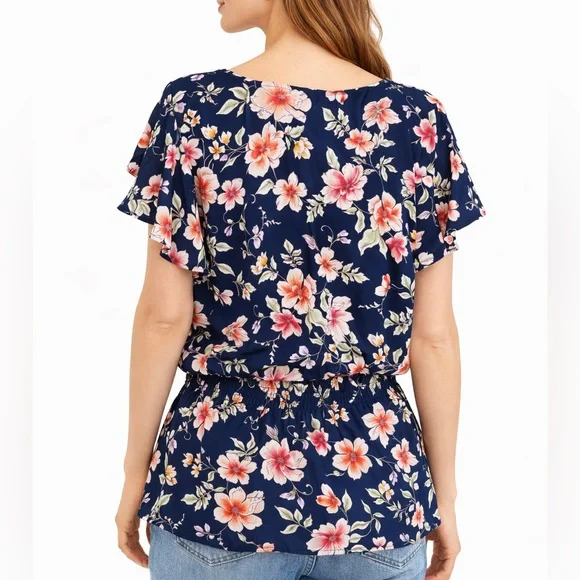 Bobeau Navy Floral Blouse – V-Neck Smocked Waist Blouse | Size Large - Picture 2 of 5
